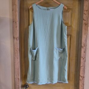 Crown & Ivy Lt Green Blue Scallop Trim Detail Linen Blend Pockets Sleeveless XL